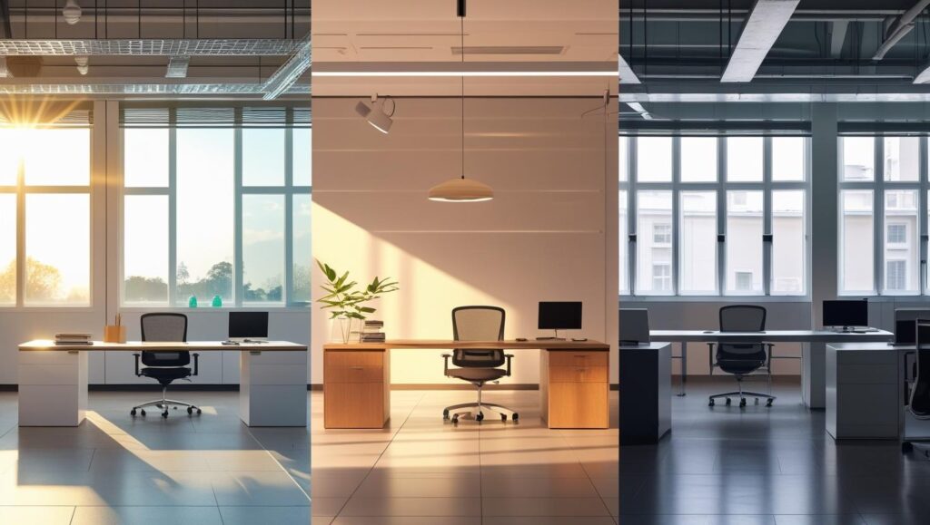 Iluminação decorativa e funcional no escritório 6 Diferentes tipos de iluminacao tarde noite e manha escritorio post